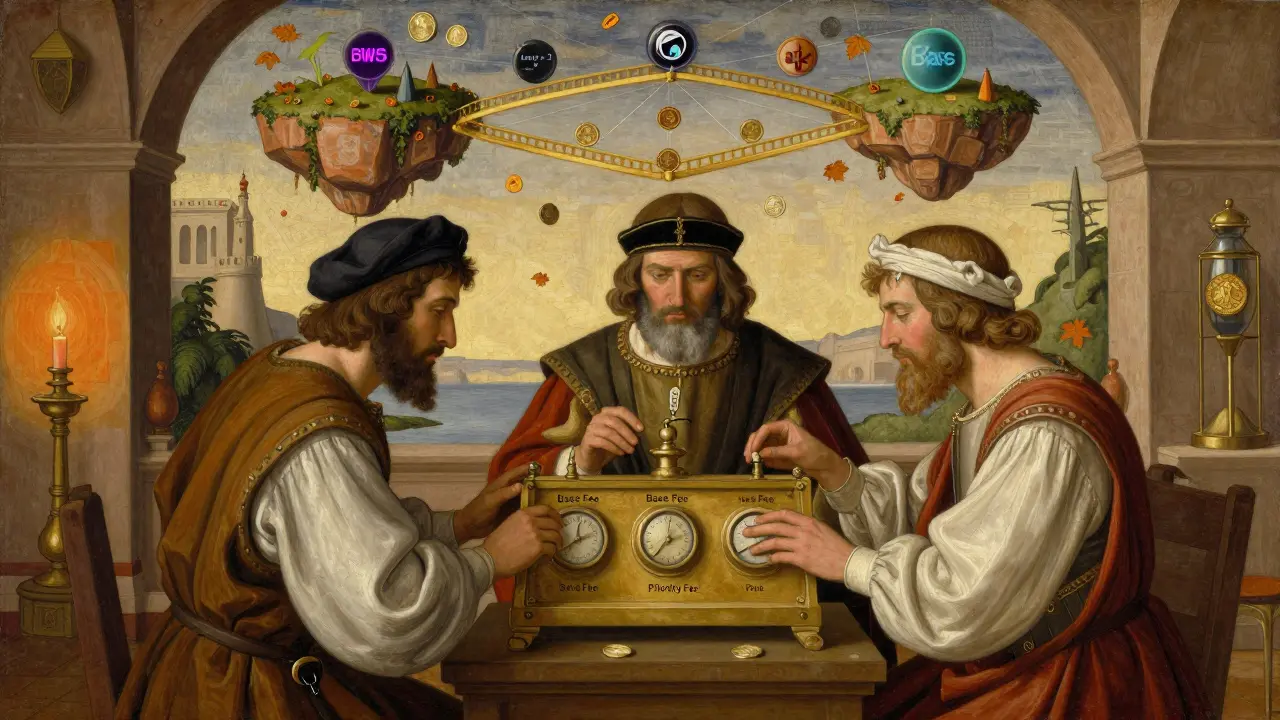 Старинные фигуры настраивают механический расчёт газа, рядом — изображение Layer-2 сетей в стиле темперной живописи.