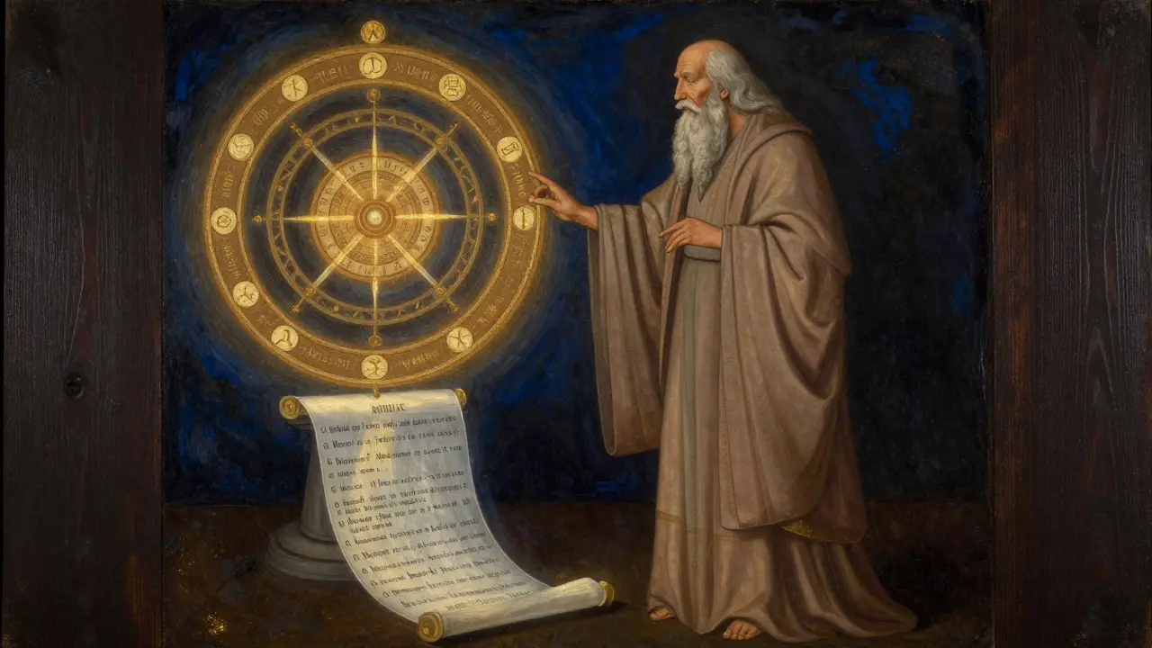 Темперная живопись: мудрец стоит перед астролябией с символами метавселенных, на фоне свитка с формулами.