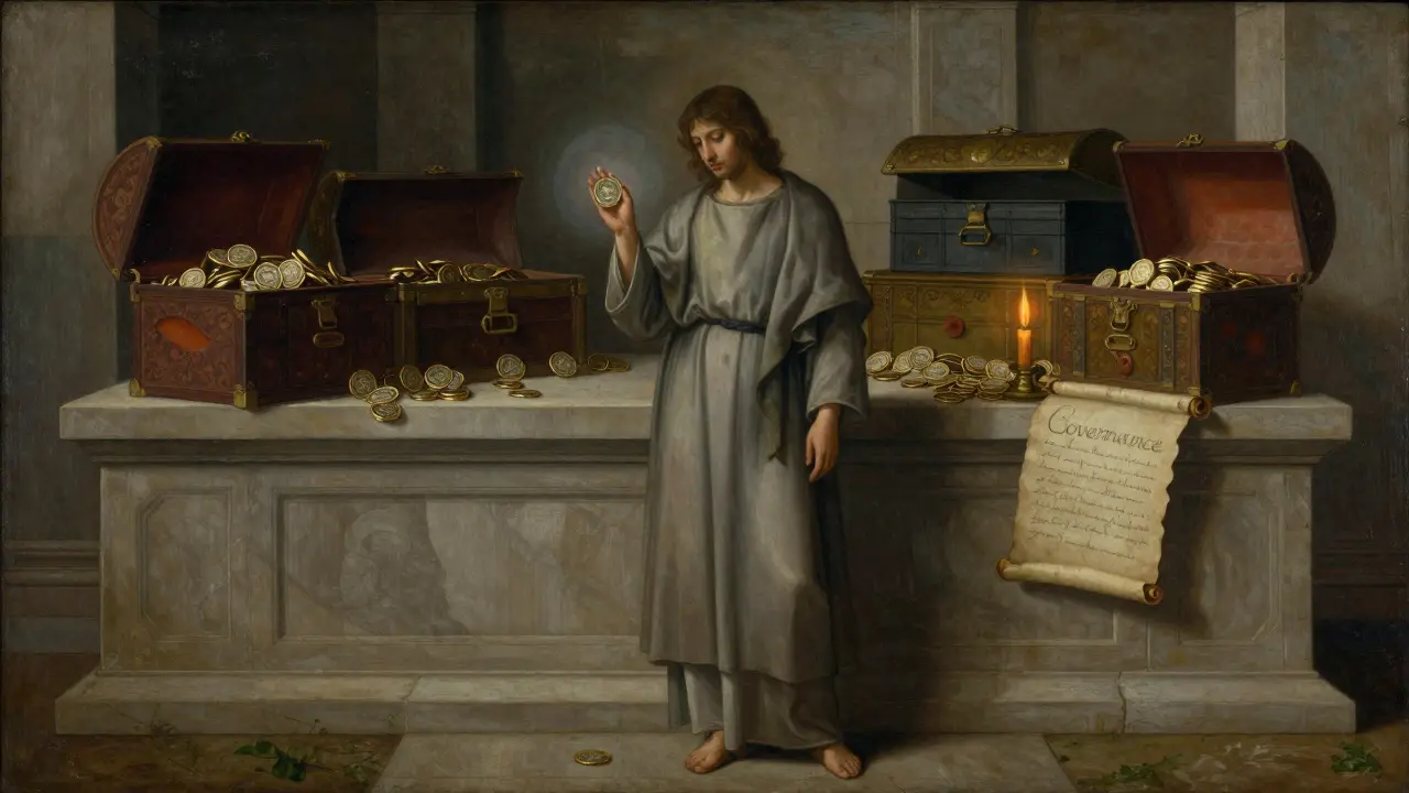 Темперная живопись: один человек держит одинокий токен управления, остальные лежат без дела в сундуках.