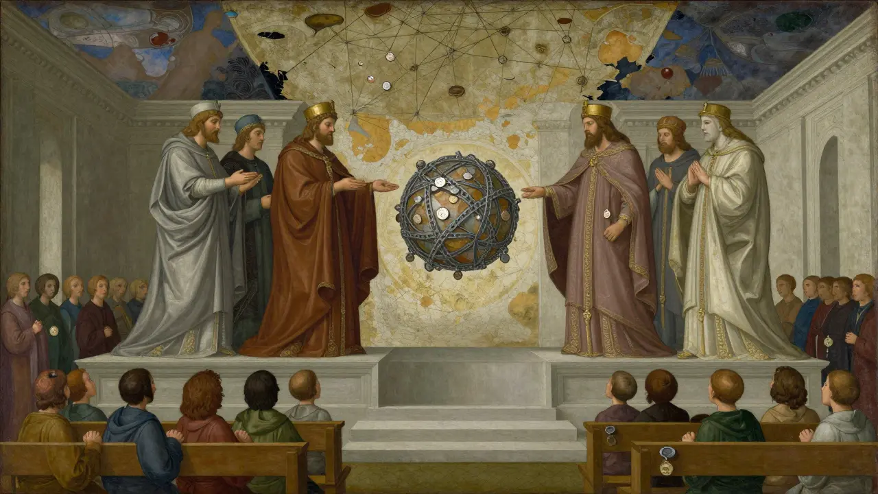 Темперная живопись: пять влиятельных фигур управляют токенами, а толпа безмолвно наблюдает за их властью.