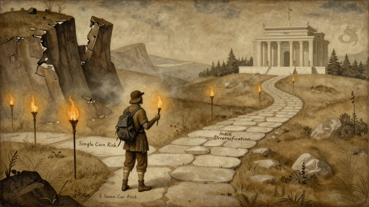 Темперная живопись: путник выбирает между дорогой риска и путем диверсификации к храму индекса.