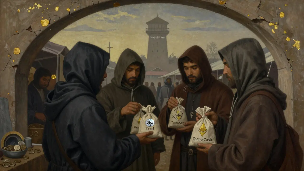 Темперная живопись: тайная торговля монетами под аркой при рассвете