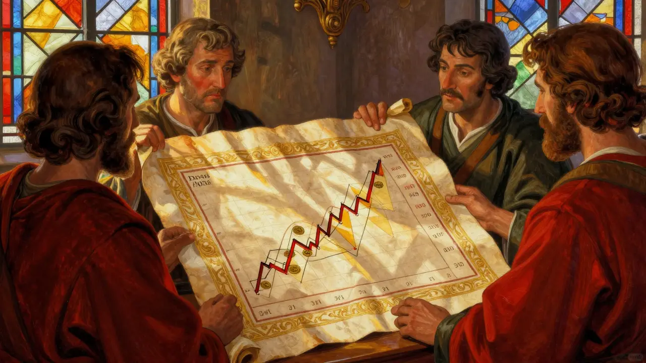 Торговцы анализируют рукописный график роста альткоинов в стиле темперы