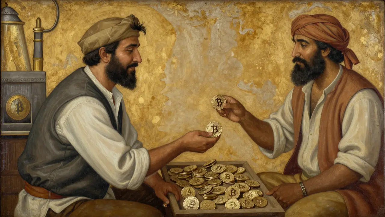 Торговец обменивает BNB на товары, золотистый свет, детали одежды и монет