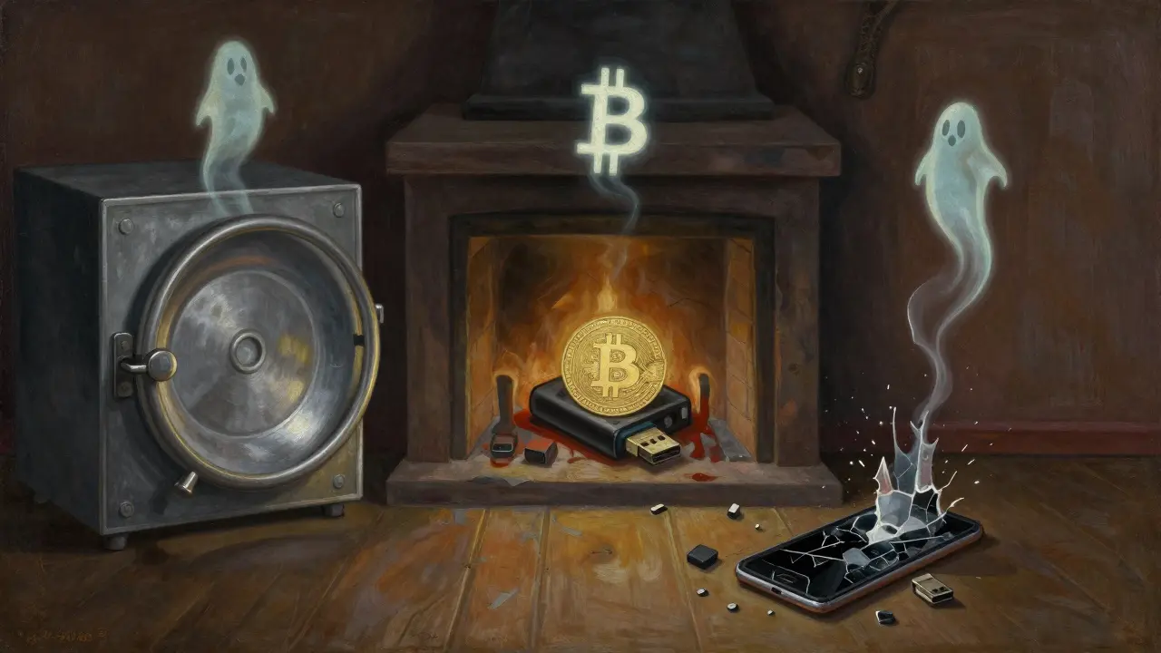 Три объекта: металлическая пластина, тлеющий флеш-диск и разбитый телефон — символы потери криптовалюты.