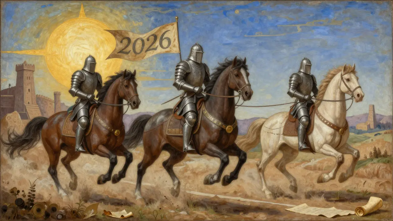 Три рыцаря на конях: Солана — быстрая, но с треснутой седлой; Аптос — тяжелый и медленный; Суи — многоногий, стремительный, ведущий к финишу.