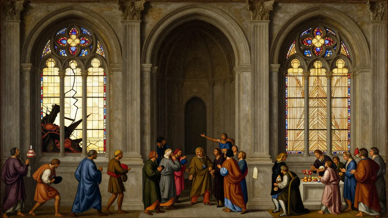 Три витража в соборе: Солана с трещинами, Аптос тусклый, Суи — яркий с параллельными потоками света, вокруг — торговцы.