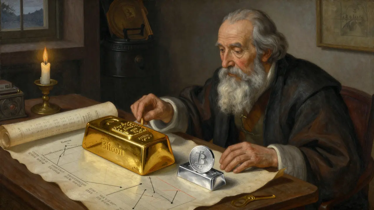 Учёный сравнивает золотой и серебряный слитки, символизирующие Bitcoin и Litecoin.