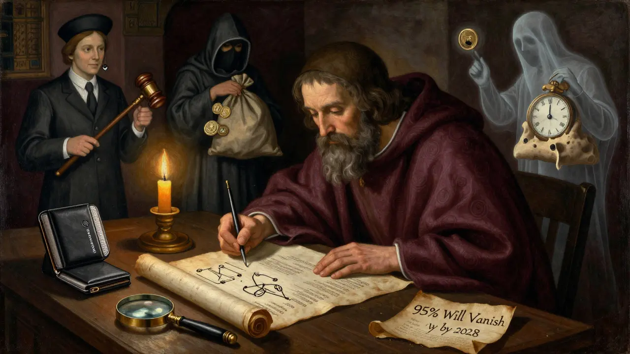 Ученый в кабинете изучает блокчейн и налоги. Вокруг — призраки регулятора, вора и песочных часов. На столе аппаратный кошелек и записка: '95% исчезнут'.