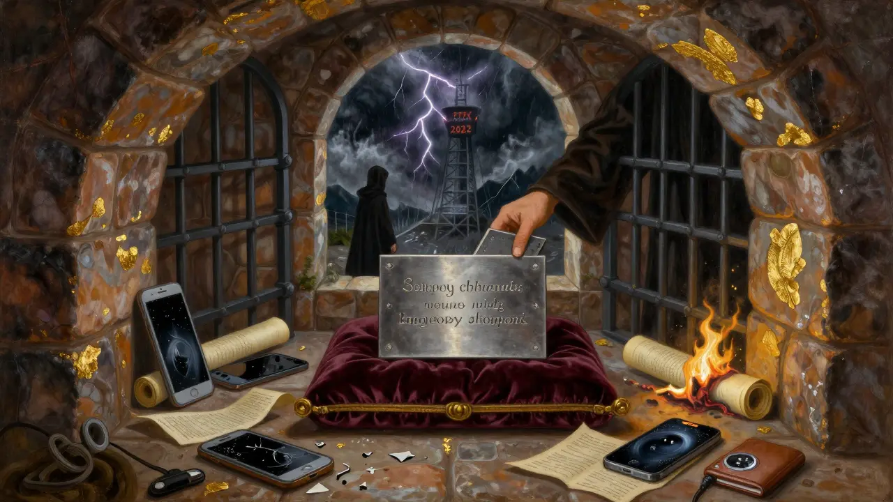 В каменной лаборатории хранится металлическая табличка с ключом, вокруг — разбитые телефоны и горящие бумаги.