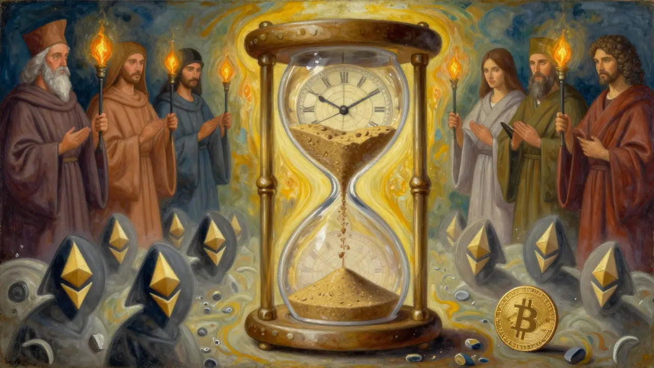 Часы истории с песком из транзакций и валидаторами, освещённые божественным светом.