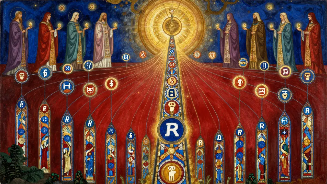 Центральная цепь Relay Chain с парачейнами, как шпили собора, окружённые номинаторами, держащими DOT-токены, в стиле темперной живописи.