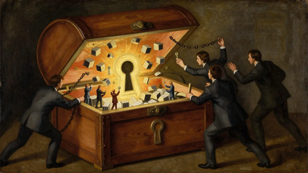 Деревянный сундук с ключом в виде биткоина, внутри которого светится блокчейн, а снаружи — тени с цепями.