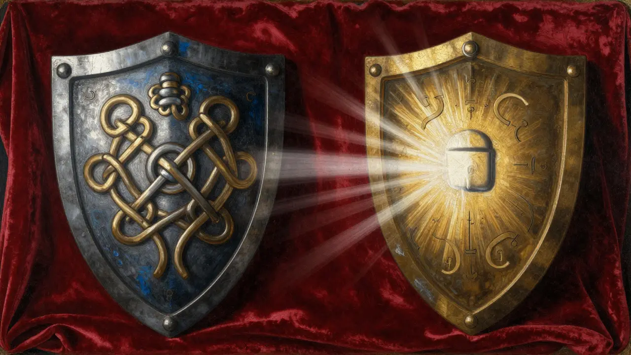 Два щита с замком и светом на бархате, аллегория ключей в классике