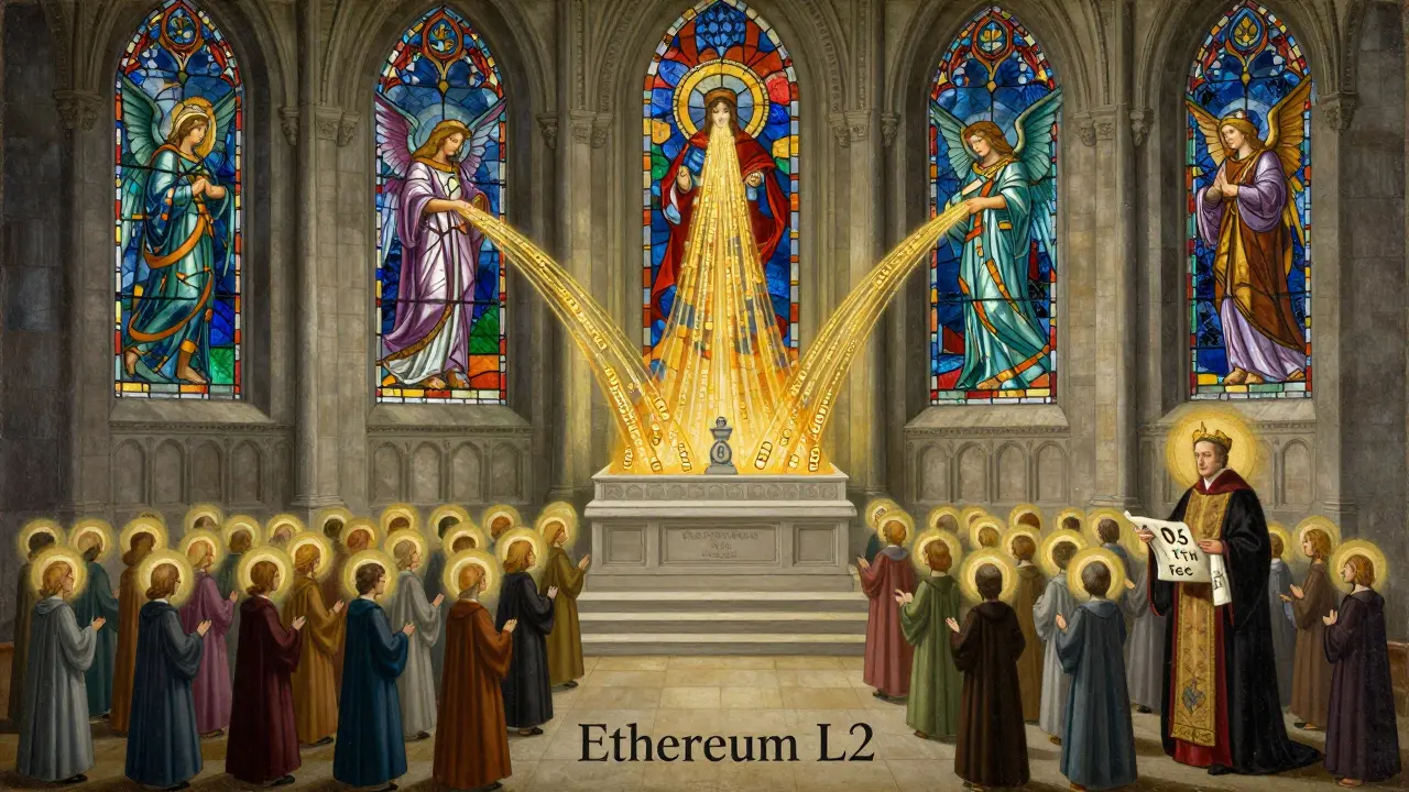 Ethereum с L2-сетями как храм, где валидаторы и каналы передают транзакции с низкой комиссией.