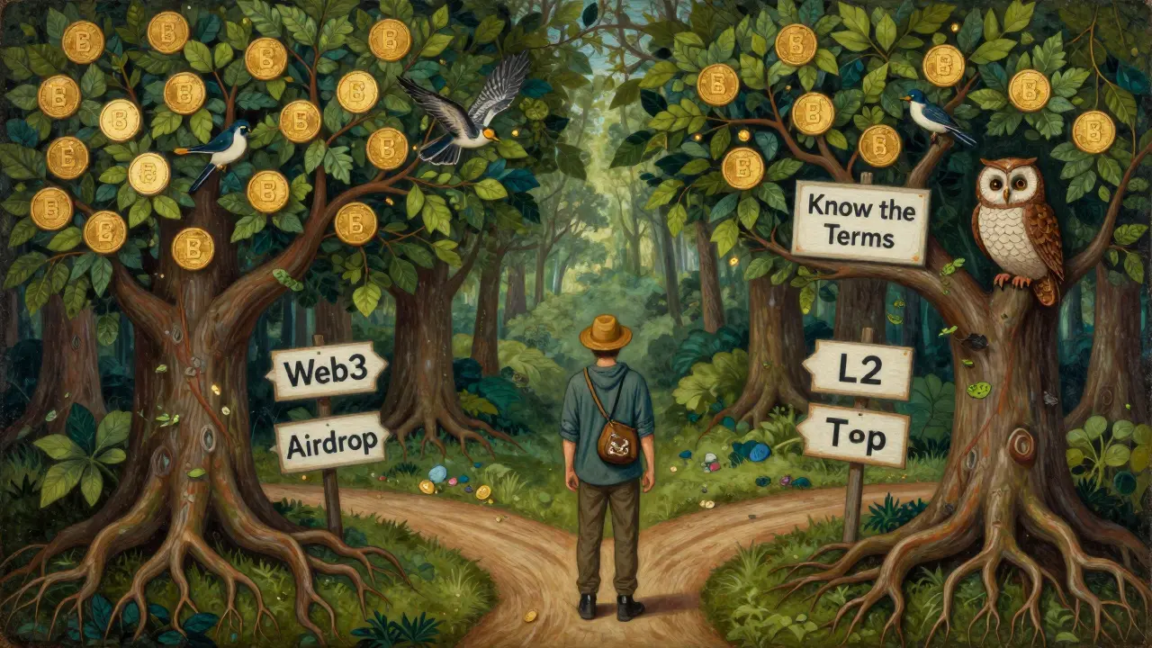 Художественное изображение в стиле темперы: лес с деревьями из блокчейна, листья — токены, путник стоит у развилки с терминами криптомира.