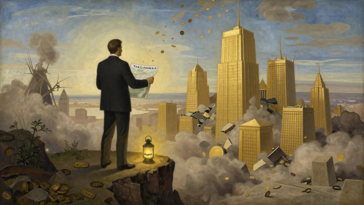 Инвестор на скале смотрит на рушащийся город, а в руке держит горящий фонарь с надписью 'Аудит'.