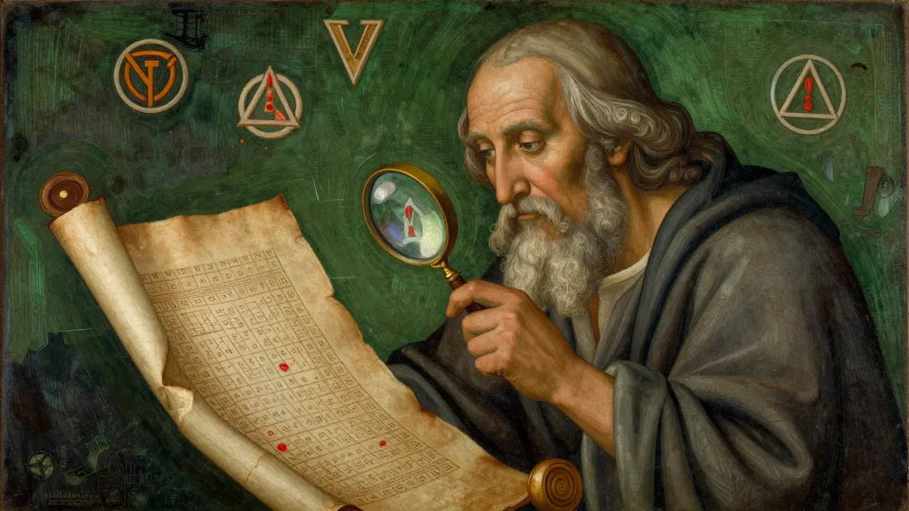 Исследователь изучает свиток, проверяя код на наличие мошенничества