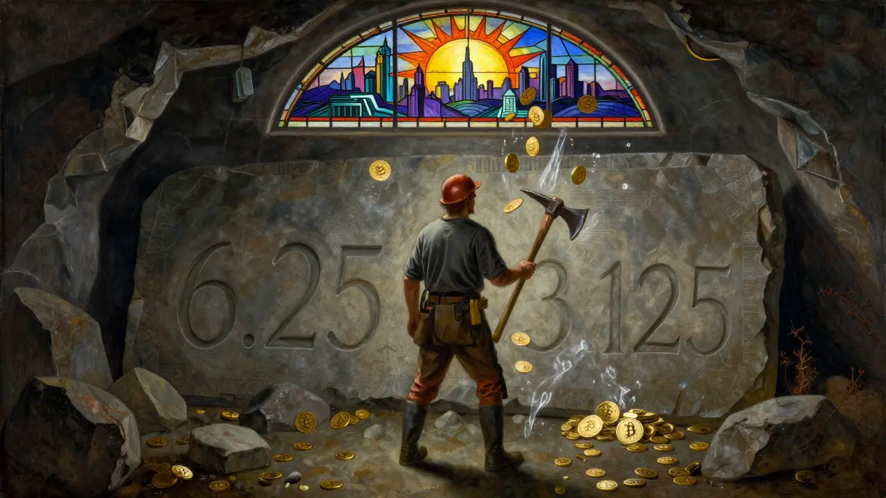 Майнер в подземной шахте смотрит на каменную табличку с числами 6.25 и 3.125, вокруг него появляются золотые биткоины.