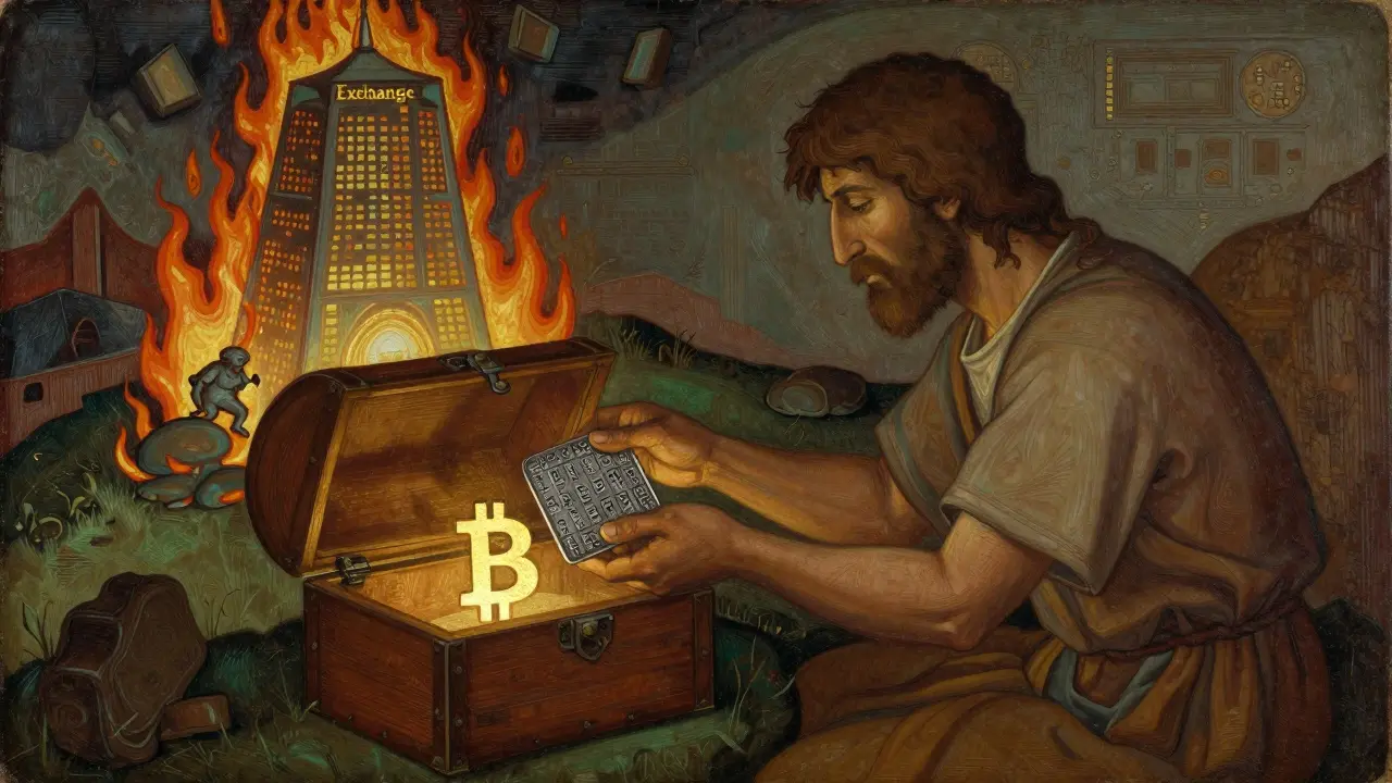 Мастер хранит ключ на металлической табличке в сундуке, пока биржевая башня горит позади — символ безопасного хранения.