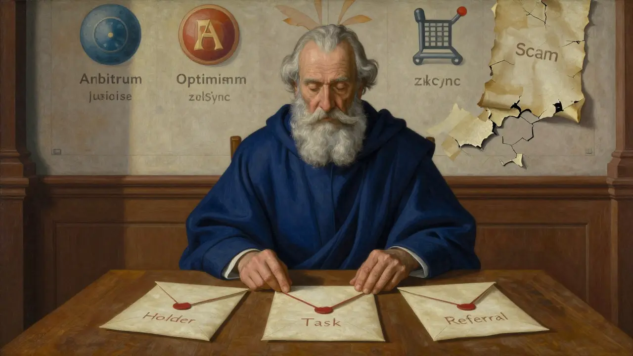 Мудрец рассматривает три типа аирдропов на фоне легитимных проектов в стиле темперной живописи.