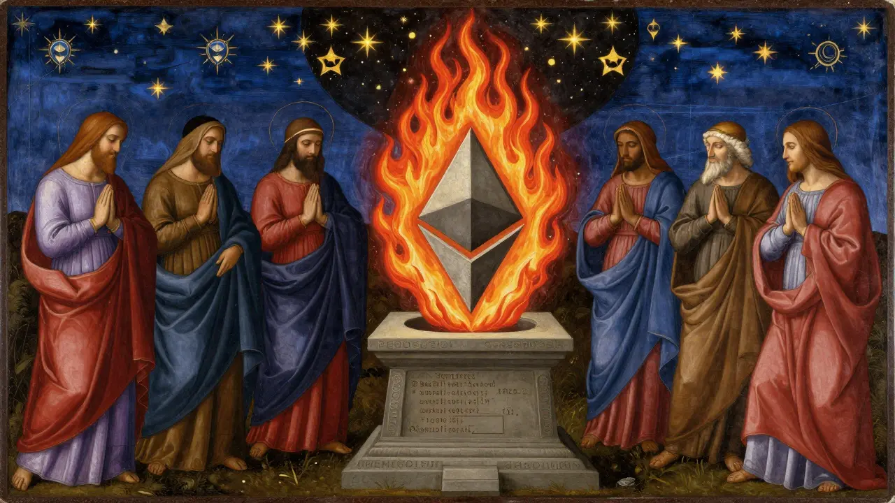 Основатели Ethereum вокруг алтаря, где рождается первый блок сети, окружённые символами токенов.