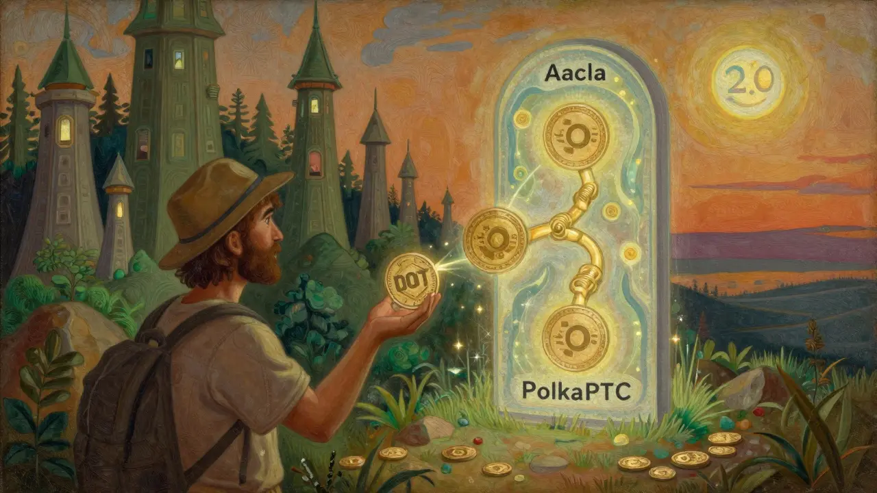 Путешественник перед порталом между парачейнами Acala и PolkaBTC, с фоном растущих блокчейн-башен, в стиле темперной живописи.