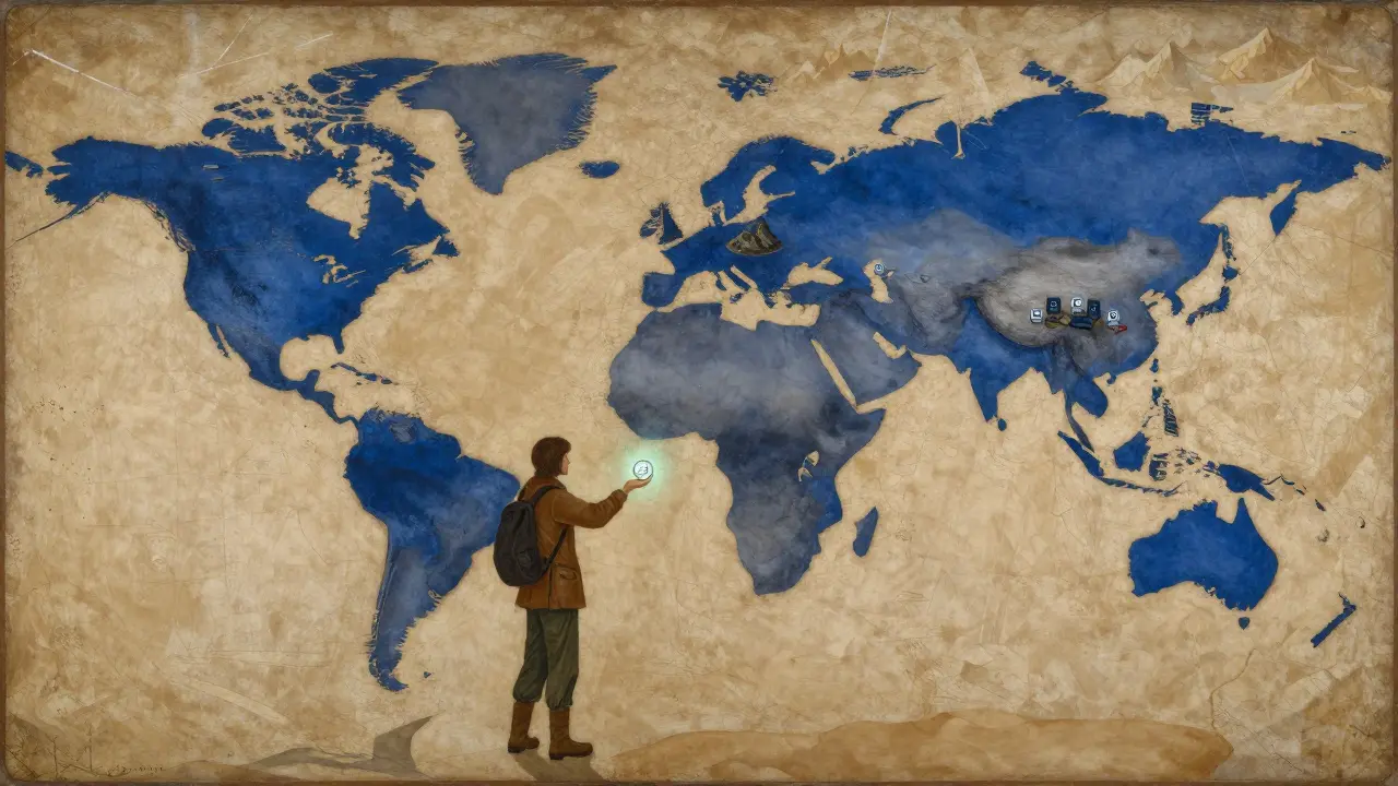 Путешественник передает цифровую монету далекому человеку на карте мира, где серверы образуют пейзаж.