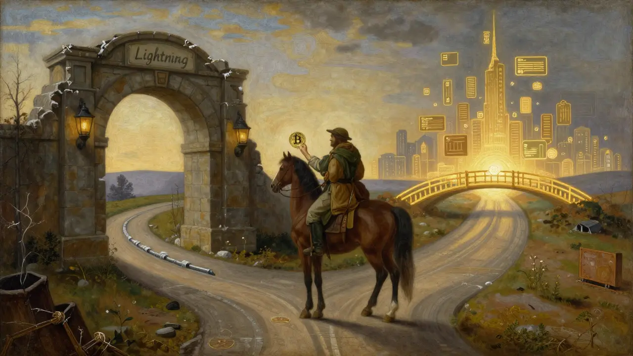 Путешественник у развилки между заброшенным Lightning и светящимся Ethereum L2 путем в стиле темперной живописи.