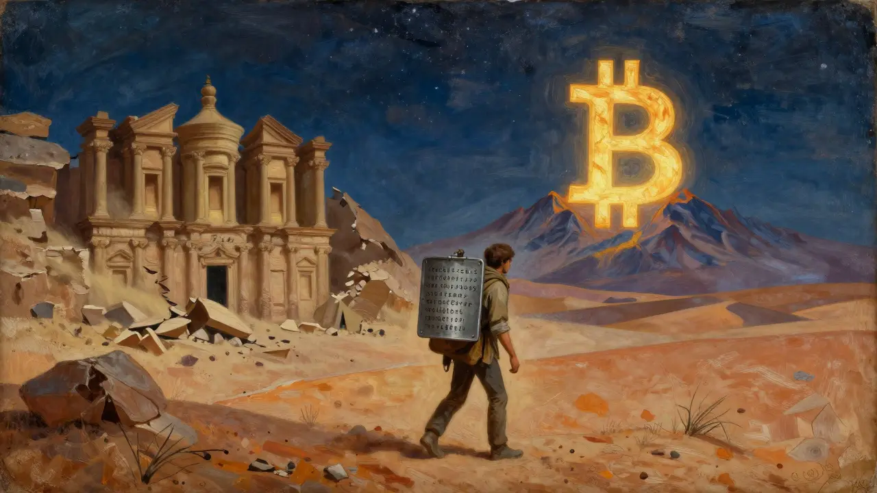 Путник идет по пустыне с стальной пластиной, за ним рушится церковь 'Фиат', впереди — гора в форме символа Bitcoin под звездным небом.