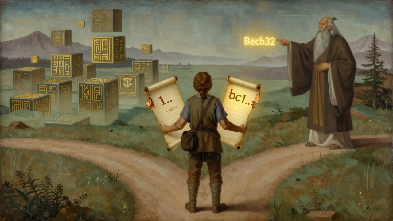 Путник выбирает между устаревшим и современным адресом, мудрец указывает на светящийся Bech32-адрес.