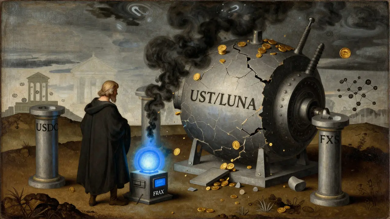 Разрушающийся алгоритмический механизм UST/LUNA рядом с устойчивым устройством FRAX, в стиле темперной живописи.