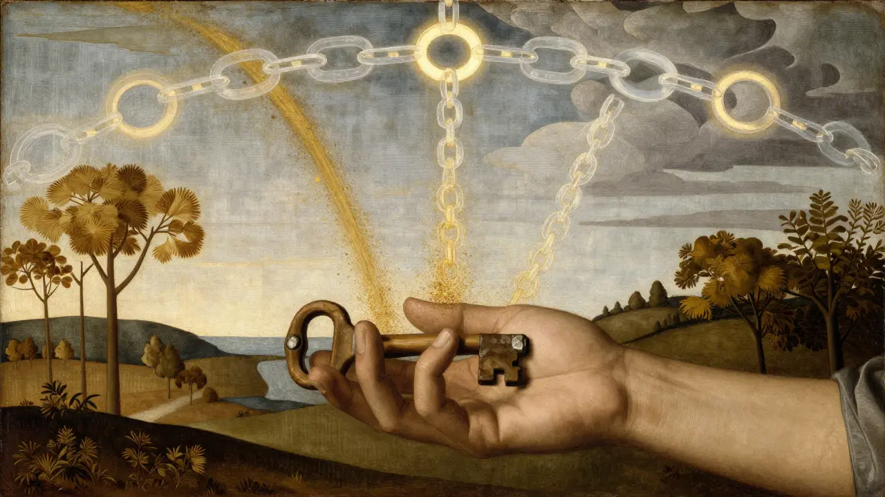 Рука превращает физический предмет в светящуюся цифровую цепь.