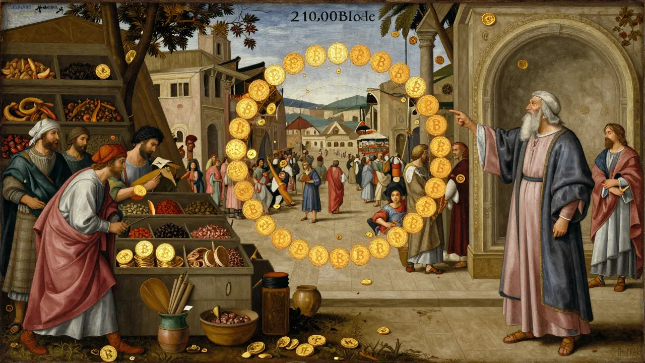Рынок эпохи Возрождения, где торговцы обменивают товары на золотые биткоины, а ученый указывает на небесную диаграмму циклов.