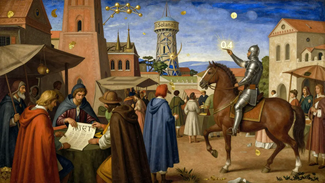 Рынок NFT в стиле ренессанса с транзакциями, мгновенно доставляемыми всадником.