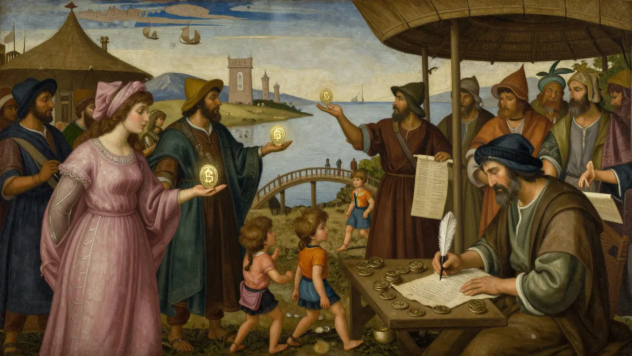 Рынок средневекового города, где торговцы используют цифровые токены, в стиле темперной живописи.