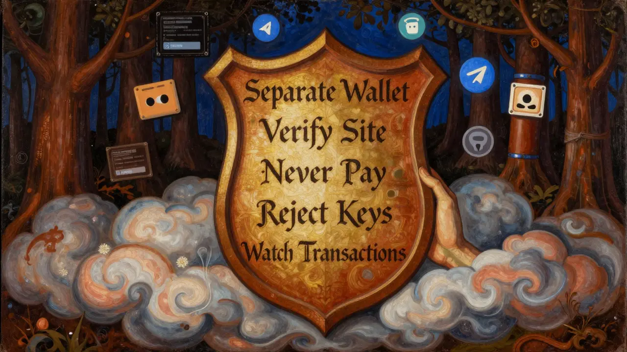 Щит с пятью правилами безопасности аирдропов, окруженный лесом мошеннических сайтов в стиле темперной живописи.