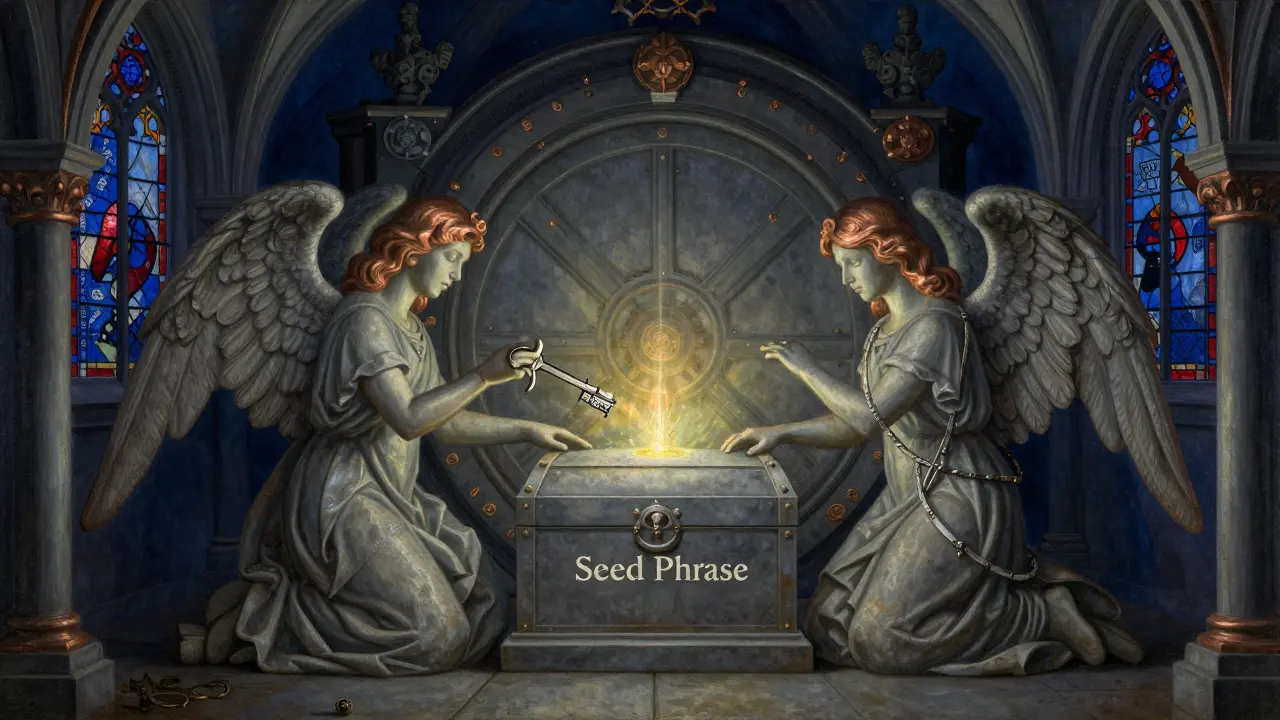 Сокровище с приватным ключом охраняют ангелы, над ним — светящийся Bech32-адрес в темной библиотеке.