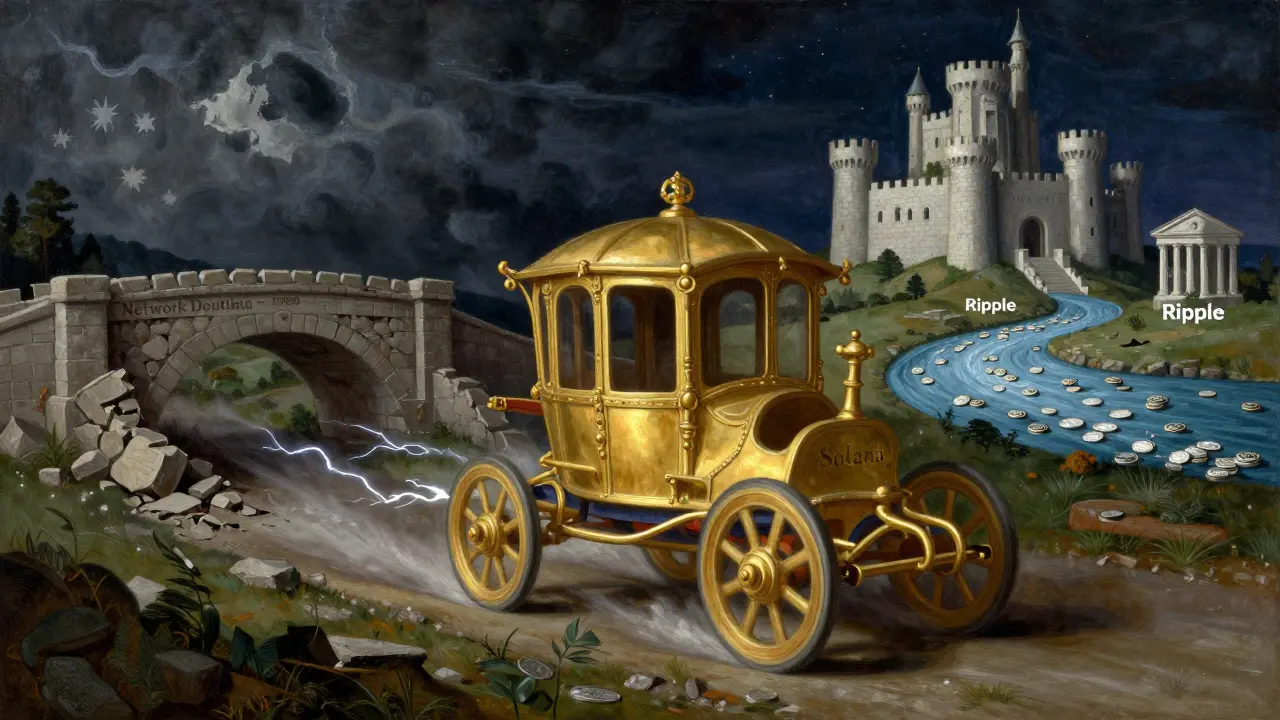 Solana на золотой колеснице мчится сквозь бурю, в то время как Bitcoin стоит устойчиво в замке.