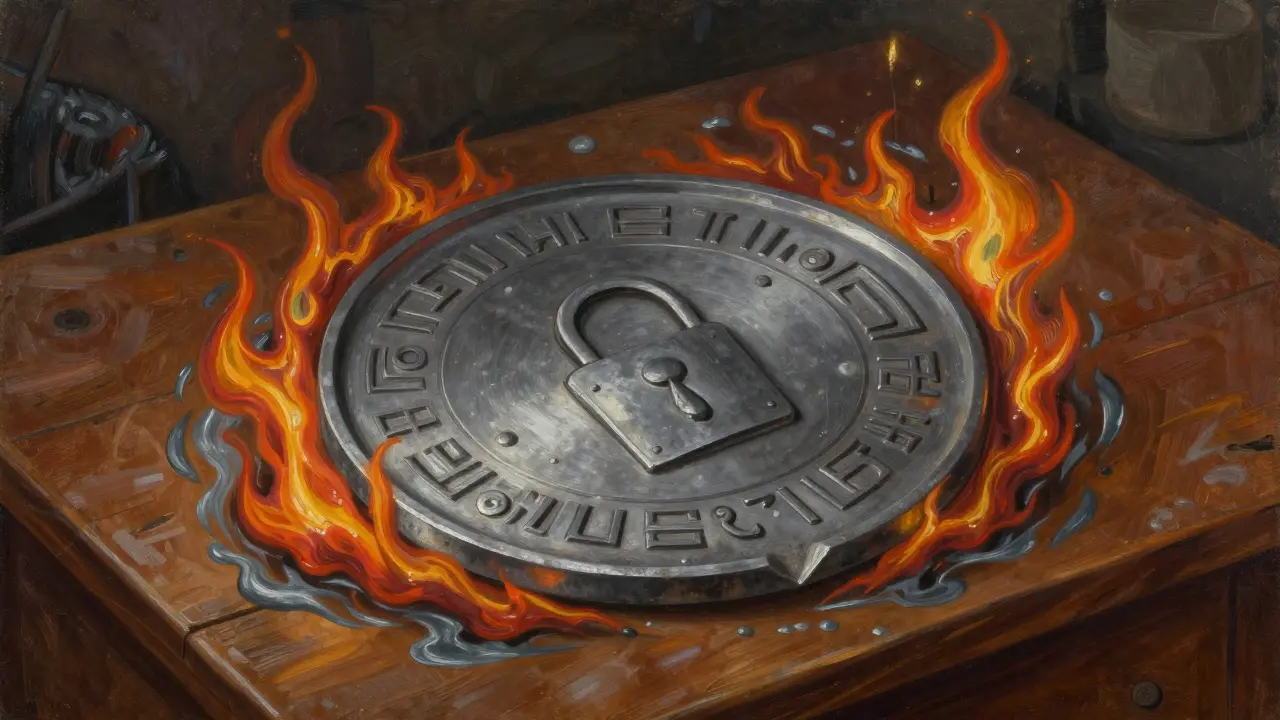 Стальная пластина с узором защищена от огня и воды на столе, старая живопись