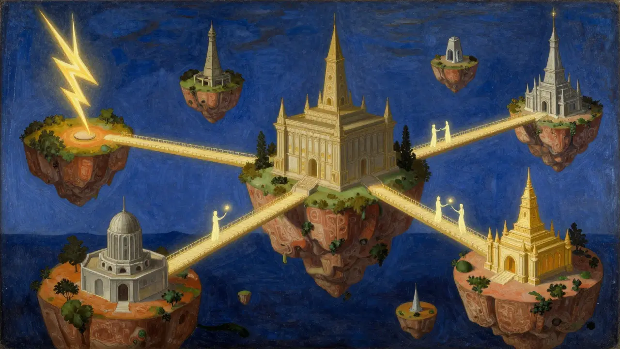 Светящиеся мосты соединяющие различные острова в абстрактном пейзаже.