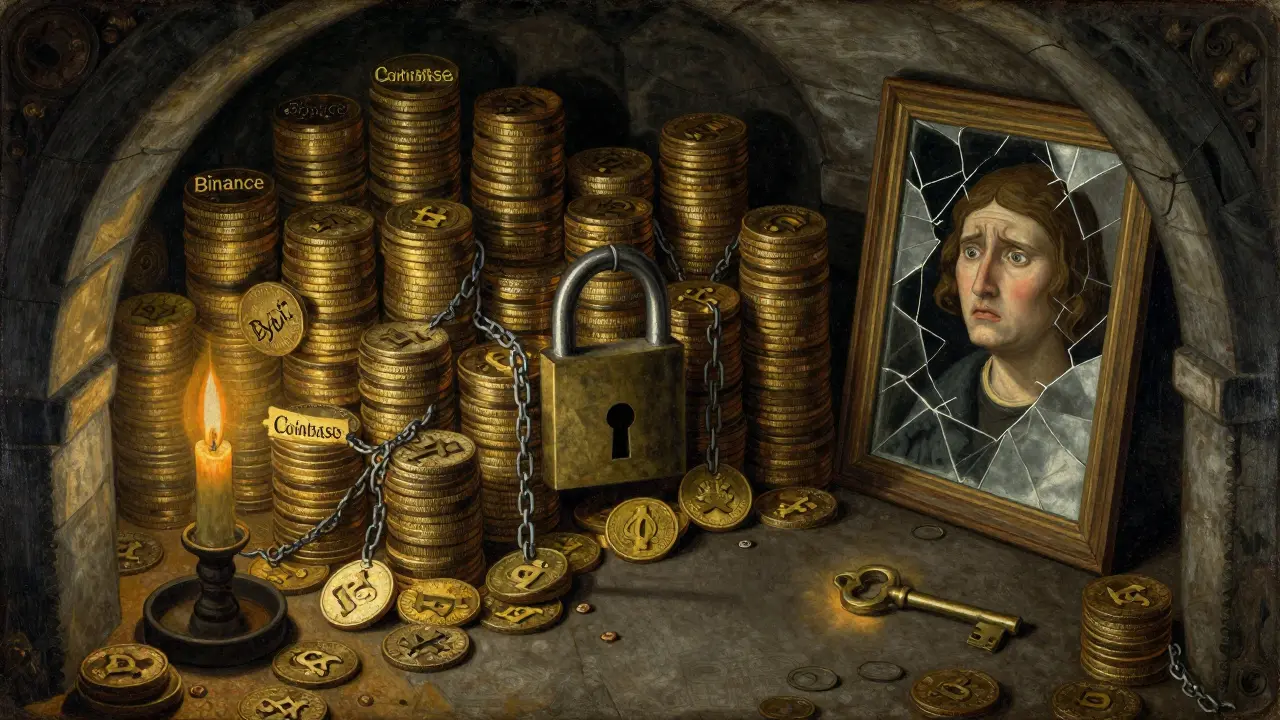 Темная кладовая с цепями, связывающими криптовалюту с замком, а ключ лежит далеко — символ потери контроля.