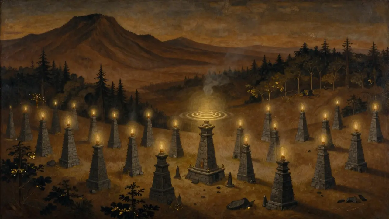 Темперная живопись: множество каменных башен с фонарями, соединённых светом, без машин и дыма.