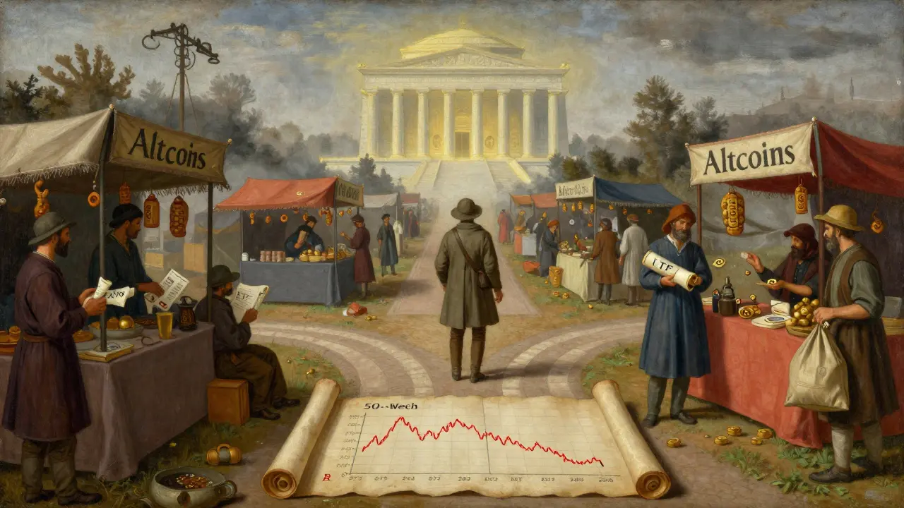 Темперная живопись: путник на перекрёстке между биткоином и альткоинами, в стиле древнерусской миниатюры.