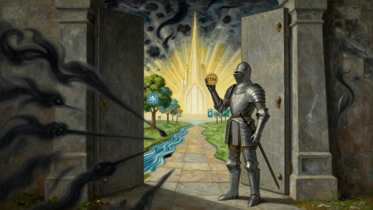 Темперная живопись: рыцарь перед дверью с двоичными узорами, светящийся путь ведёт к будущему.