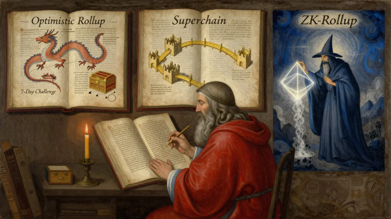 Темперная живопись: ученый с тремя рукописями — одна с драконом, другая с замками, третья с волшебным символом доказательства.