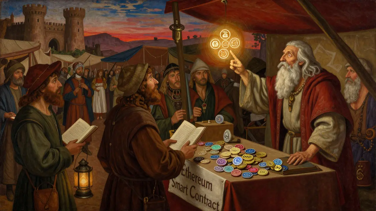 Торговцы обменивают токены на рынке под знаком смарт-контракта Ethereum.