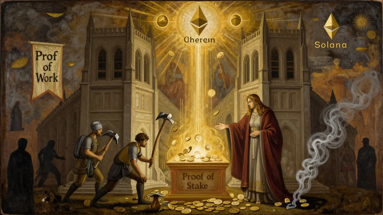 Традиционная живопись: две башни блокчейна — один с майнерами, другой со стейкерами, под светом небесных лучей.