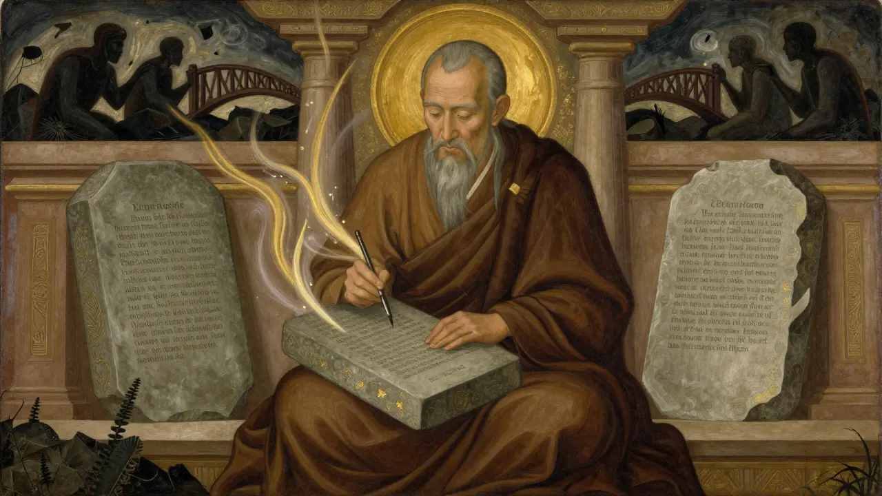 Традиционная живопись: мудрец записывает один смарт-контракт на трёх каменных плитах, между которыми течёт свет.