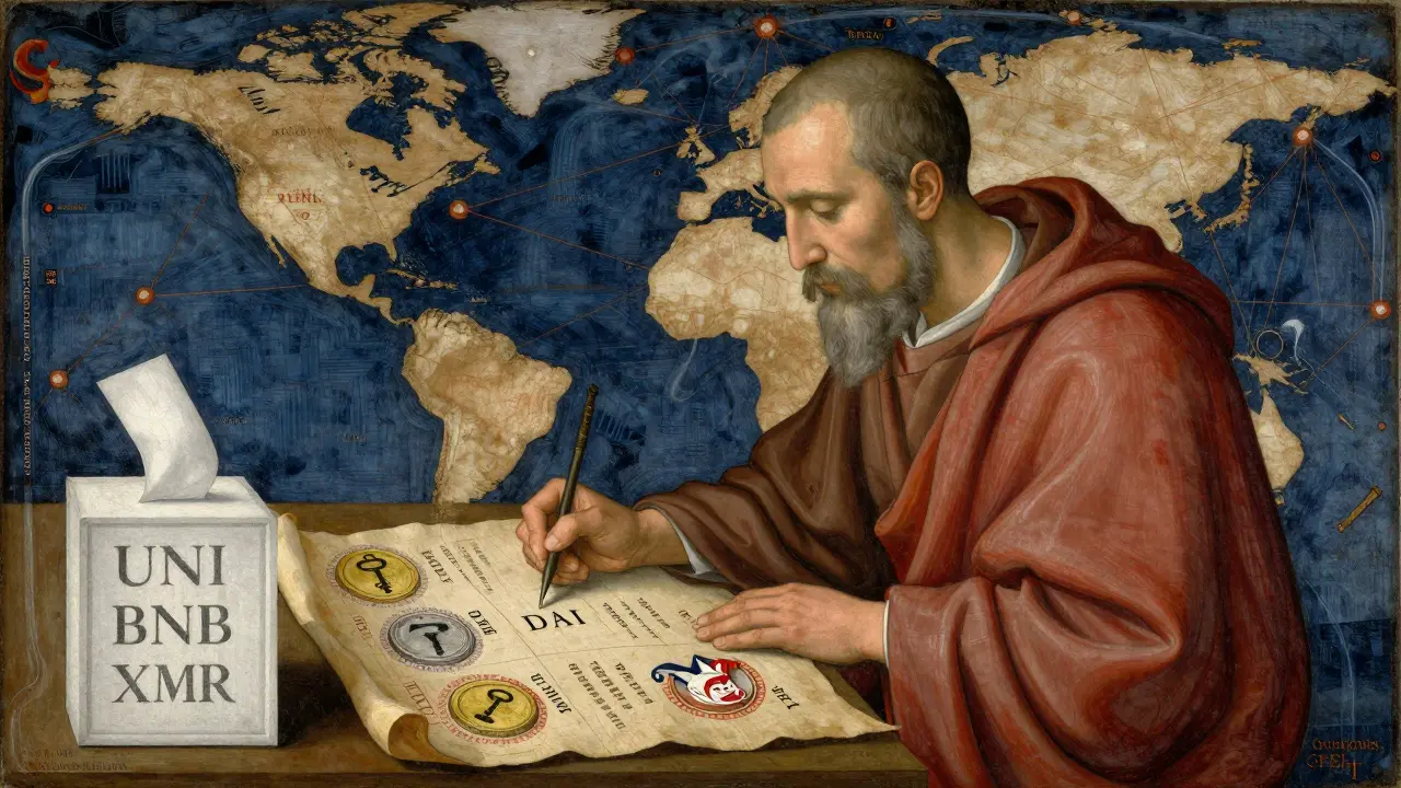 Традиционная живопись: писец записывает имена альткоинов на пергаменте с символами для каждого типа токена.